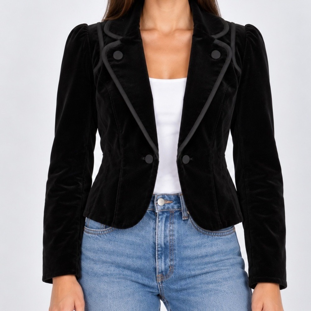White House Black Market Black Velvet Puff Shoulder Military Blazer Jacket 8